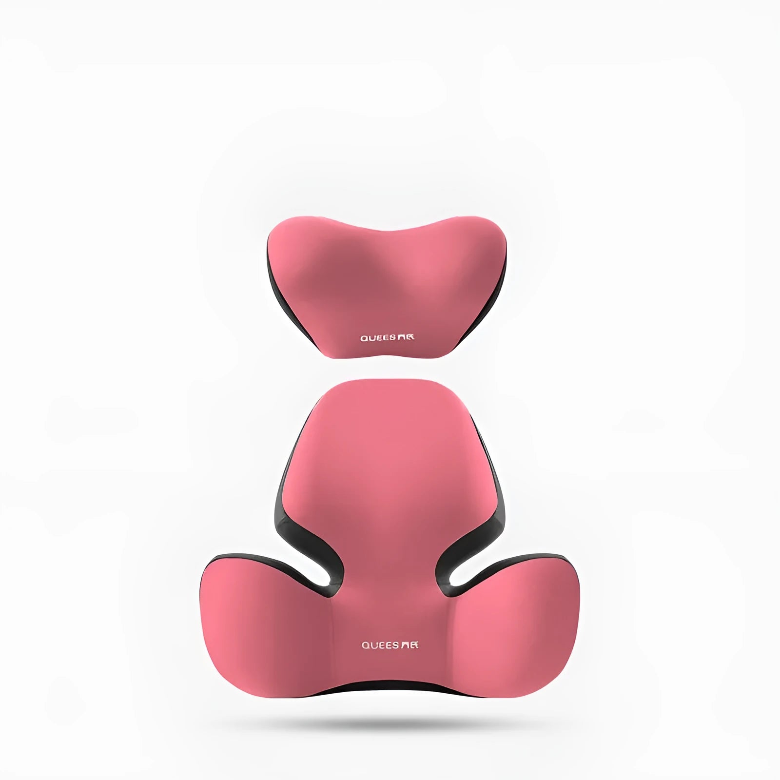 Black and grey memory foam car lumbar support pillow and matching headrest on a car seat.