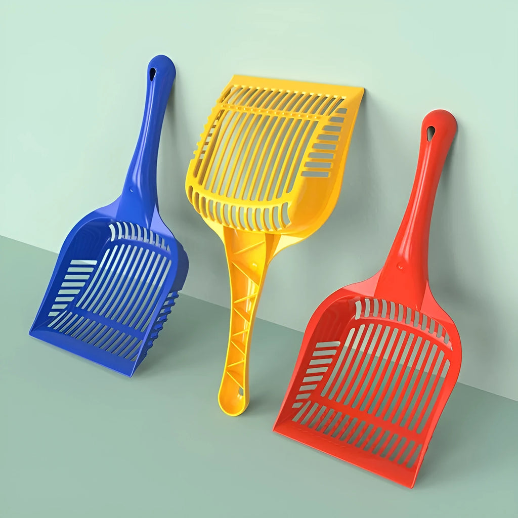 PP plastic cat litter scoop in red, yellow or blue colours showing small and medium size options
