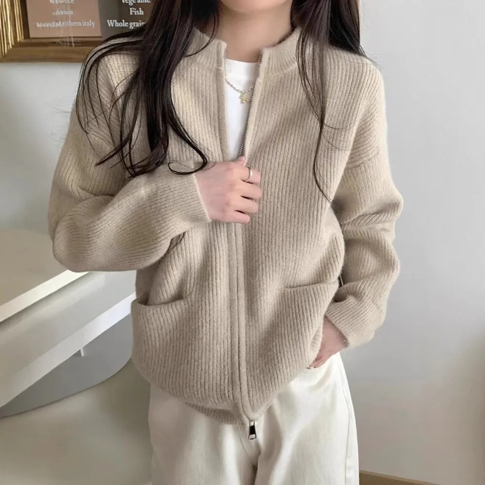 Soft viscose knit sweater coat cardigan in beige colour with long sleeves