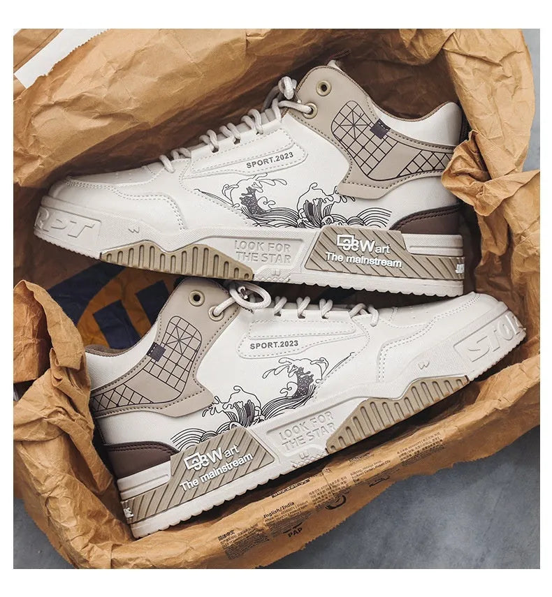 Men's beige, white, and blue high-top casual sneakers with lace-up front and rubber sole.