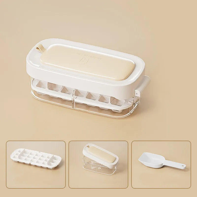High-capacity plastic ice cube tray with grid pattern and ice shovel, shown in blue colour.