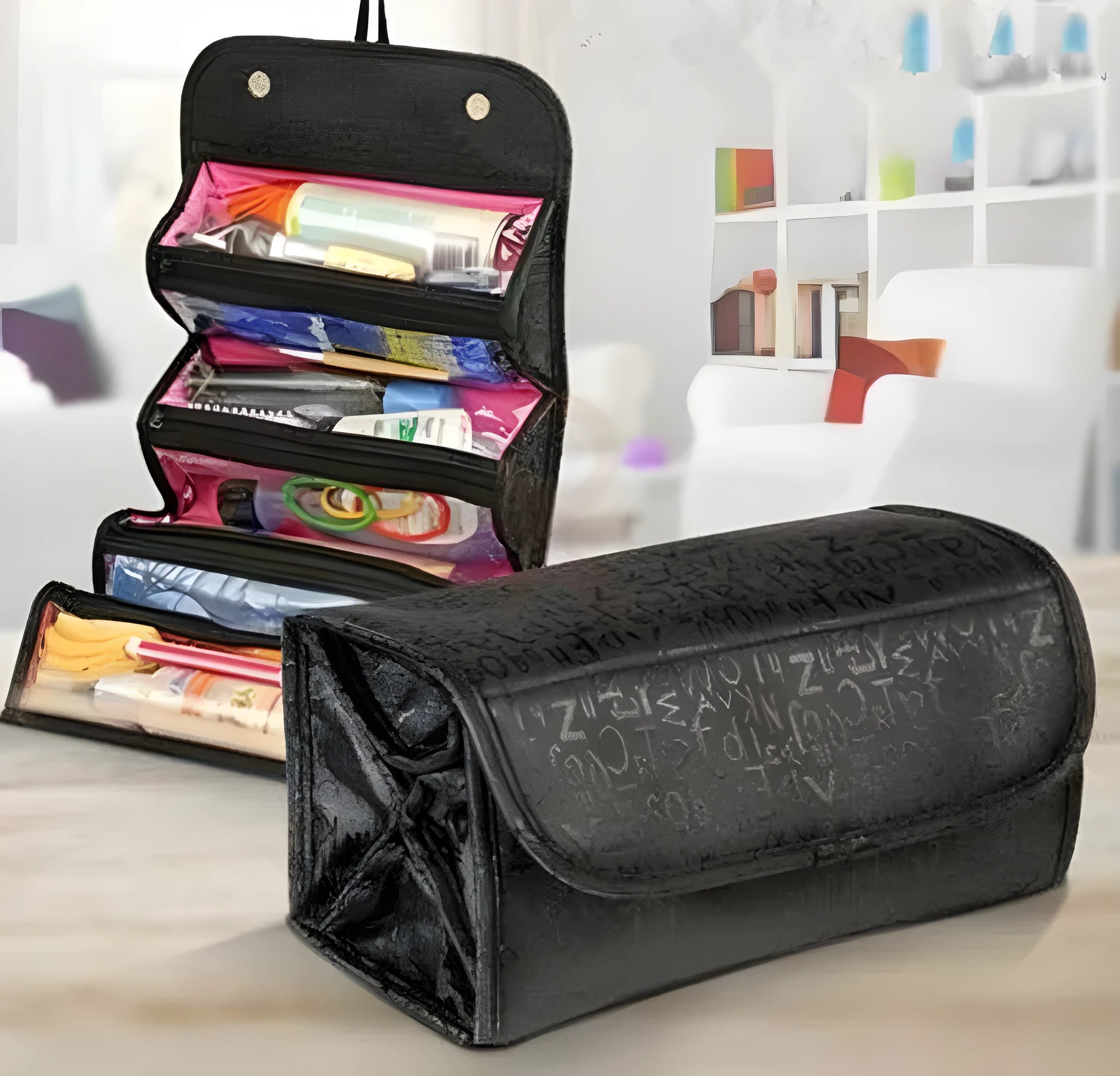 Polyester cosmetic bag with zipped compartment and hanging loop in pastoral style, red colour option