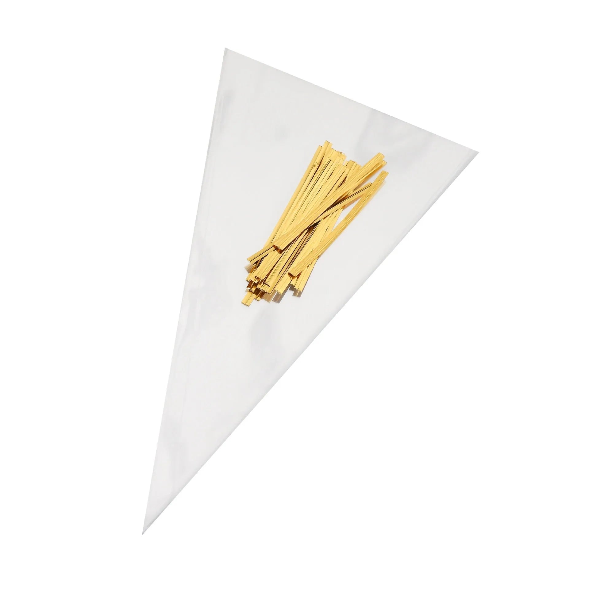 Clear triangle-shaped plastic bag with a twisted metal tie wire closing the top.