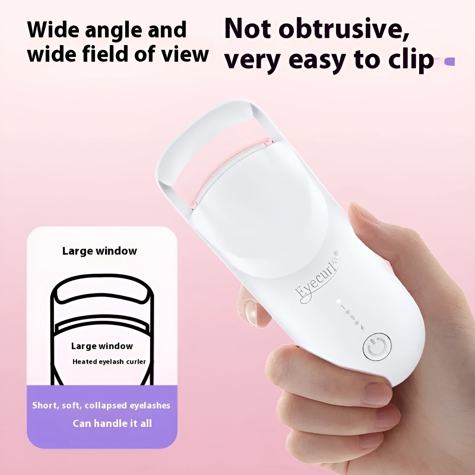 USB-C rechargeable electric eyelash curler in cream white, pink, or apricot with charging cable