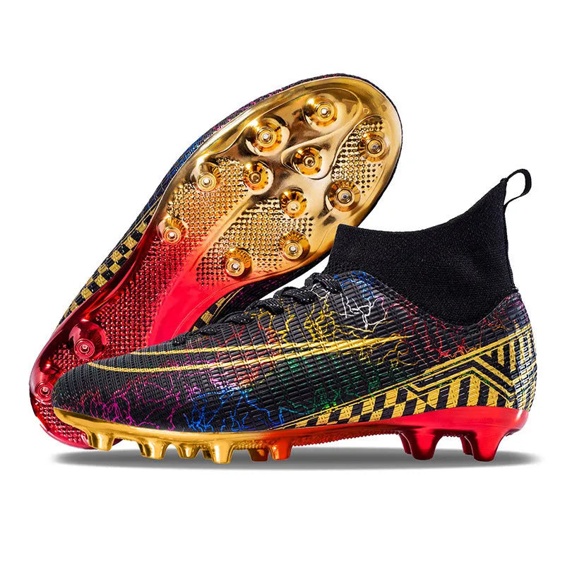 High-top soccer training shoes with gold-plated sole in synthetic leather and mesh construction