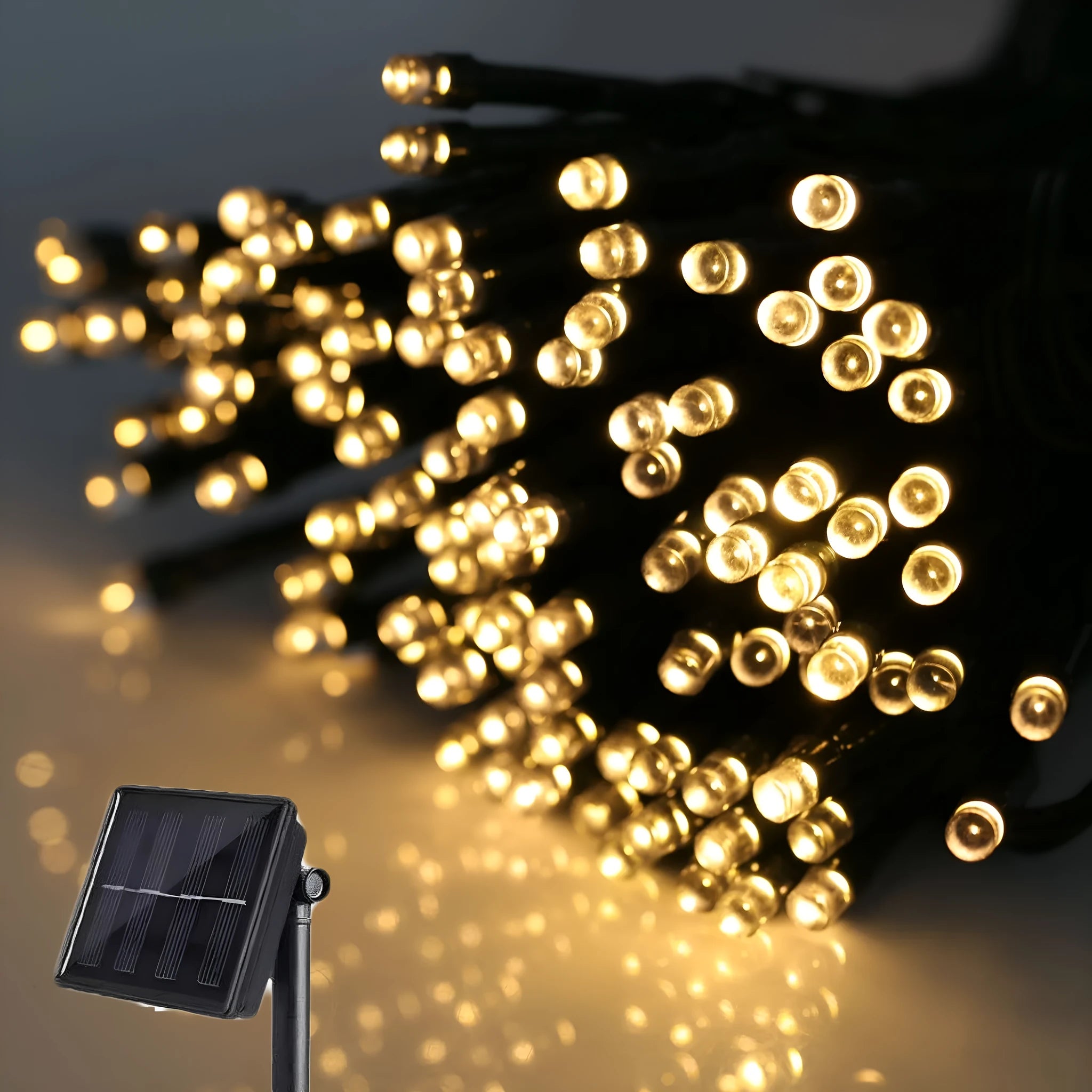 22m solar outdoor LED colour light string with 200 beads, IP65, eight modes, colourful warm blue white