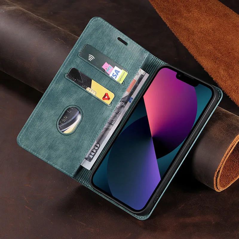 Magnetic flip phone case for iPhone in multiple colours, showing TPU body and leather cover.