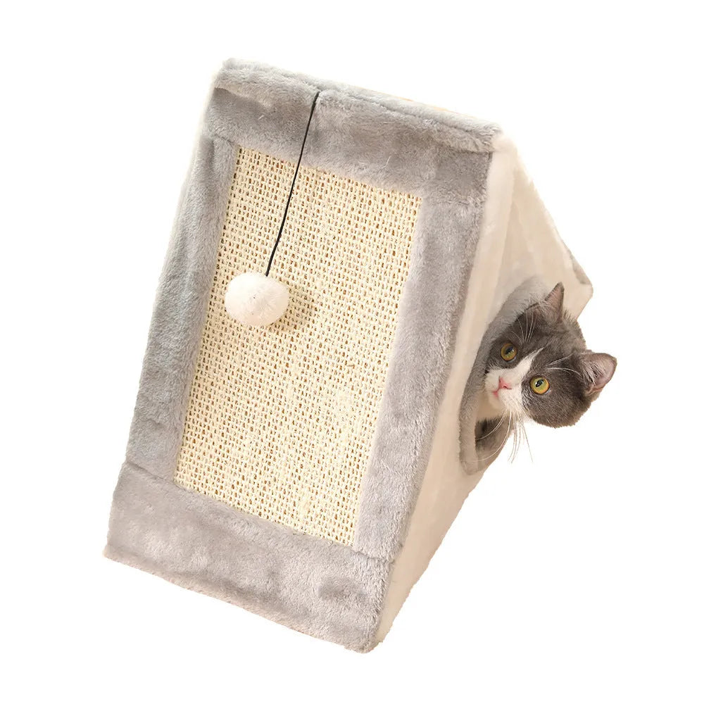 Triangle-shaped cat scratching post and enclosed bed in grey and white colour combination.