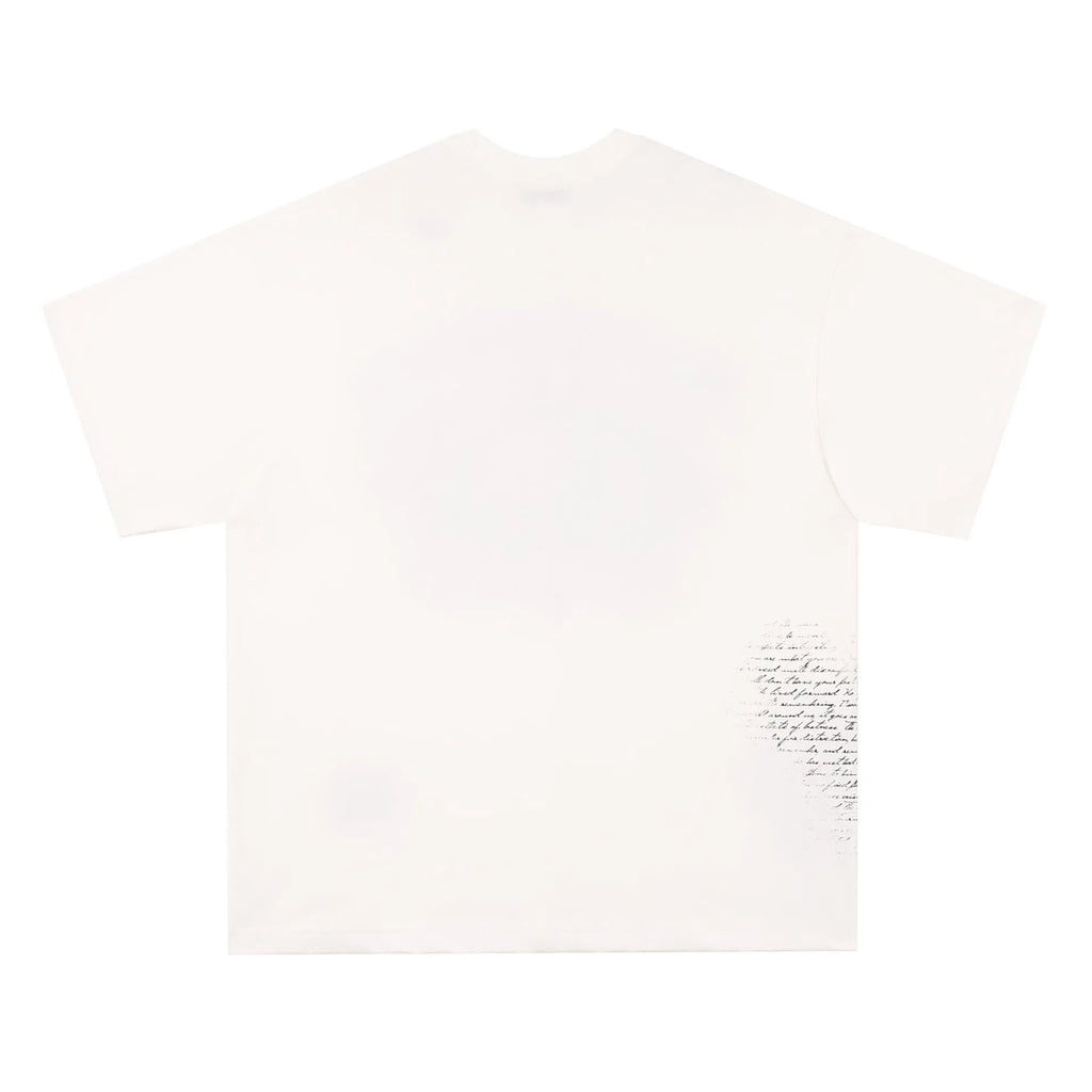 Black and white cotton t-shirt with retro letter print, shown in sizes for teenagers.