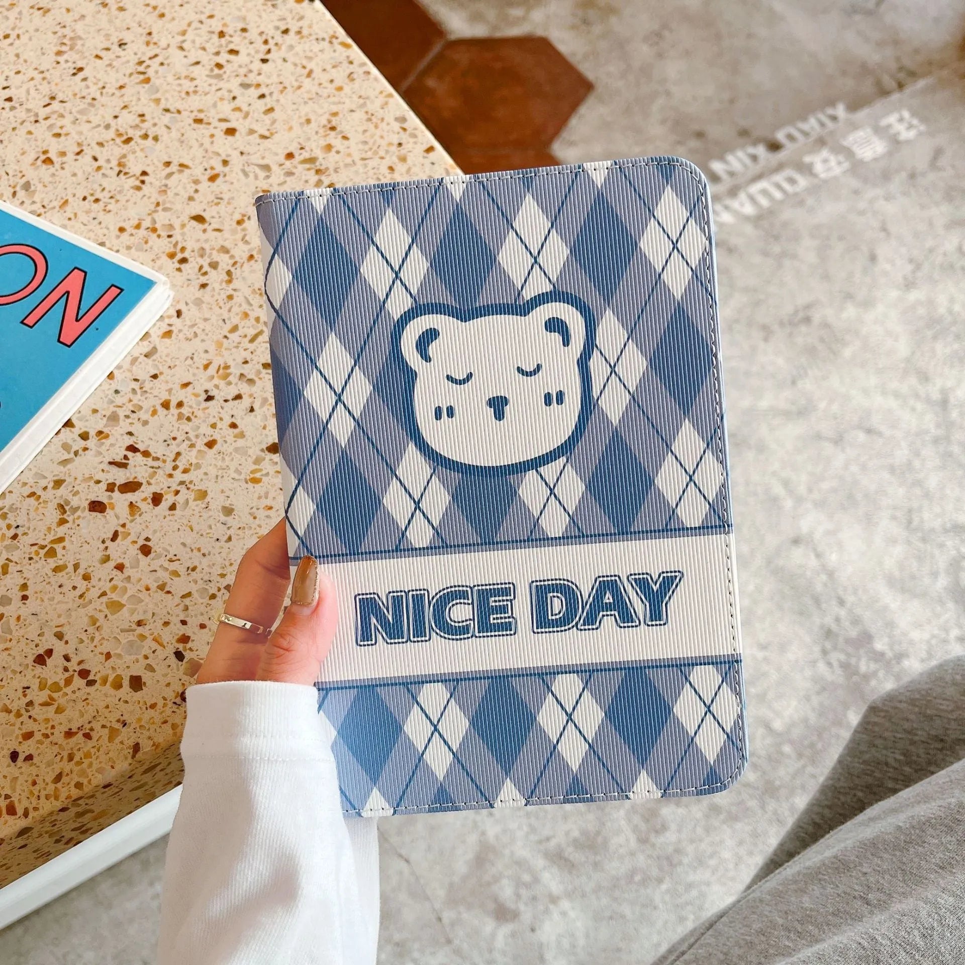 Cartoon plaid protective flip case for iPad with blue rhombus bear pattern, silicone and TPU material