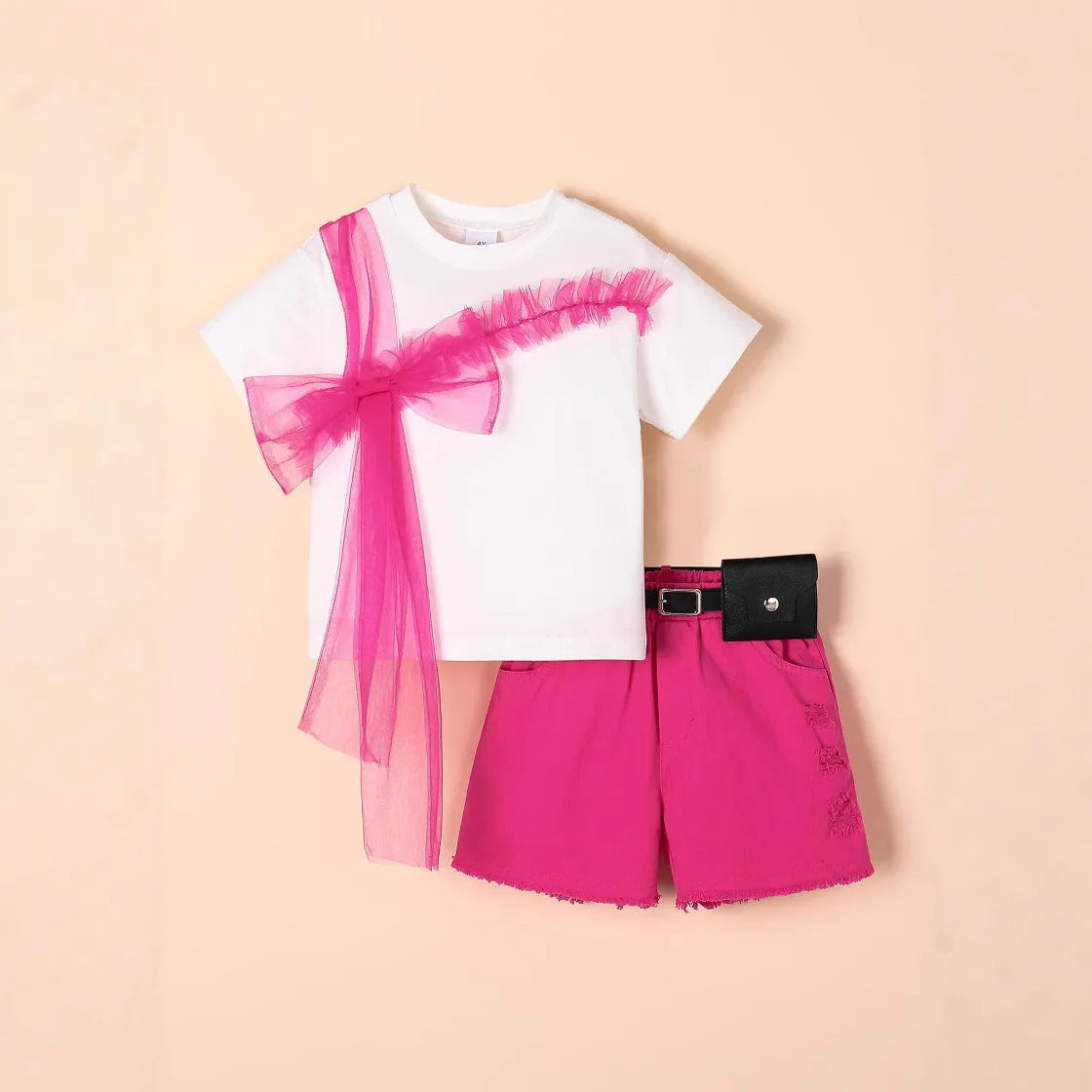 Girls rose red cotton short-sleeved T-shirt with denim shorts and belt set for heights 4Y-7Y