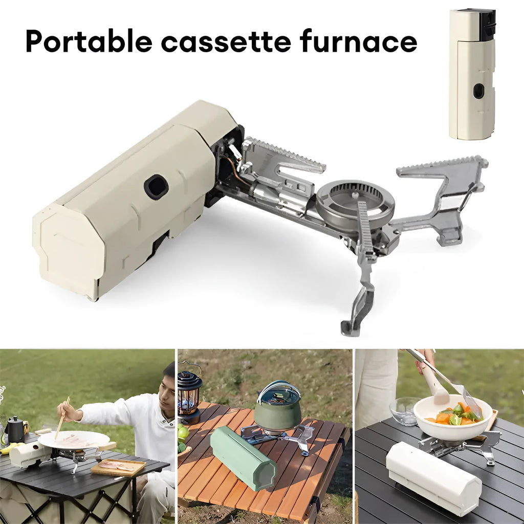 Green folding camping gas stove with adjustable valve and anti-slip feet for outdoor cooking