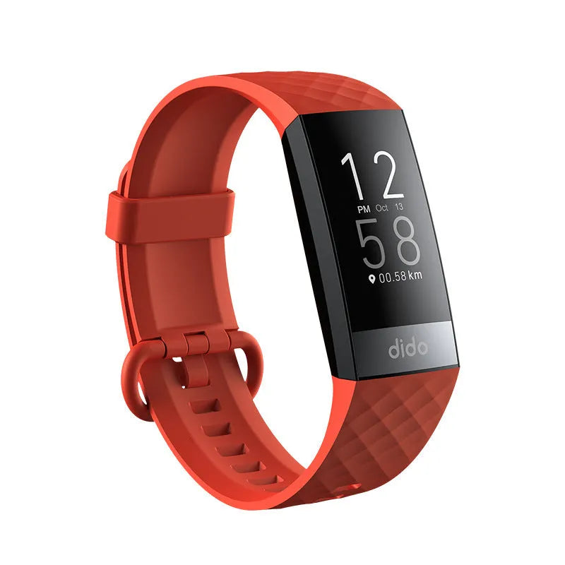 Black smart bracelet with 1.1-inch screen showing health metrics like heart rate and ECG, on a wrist.