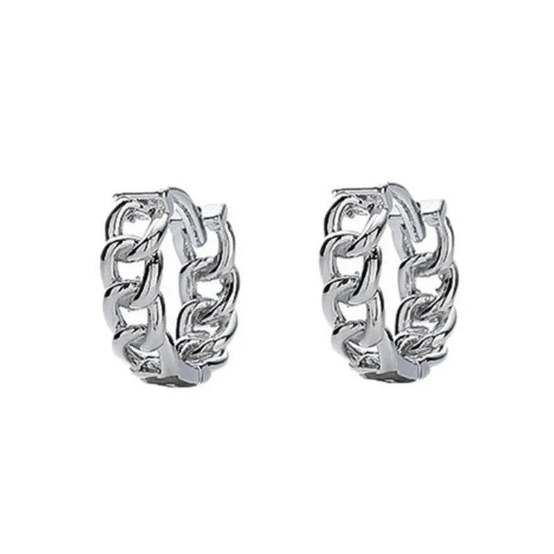 Men's geometric copper earrings in silver, shown in 10mm and 14mm sizes on a plain background.