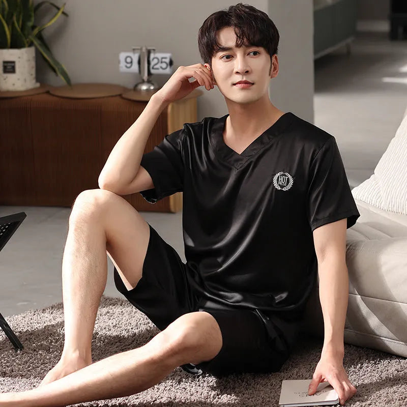 Men's loose-fitting ice silk short-sleeve pajama shirt and shorts set in various colours.
