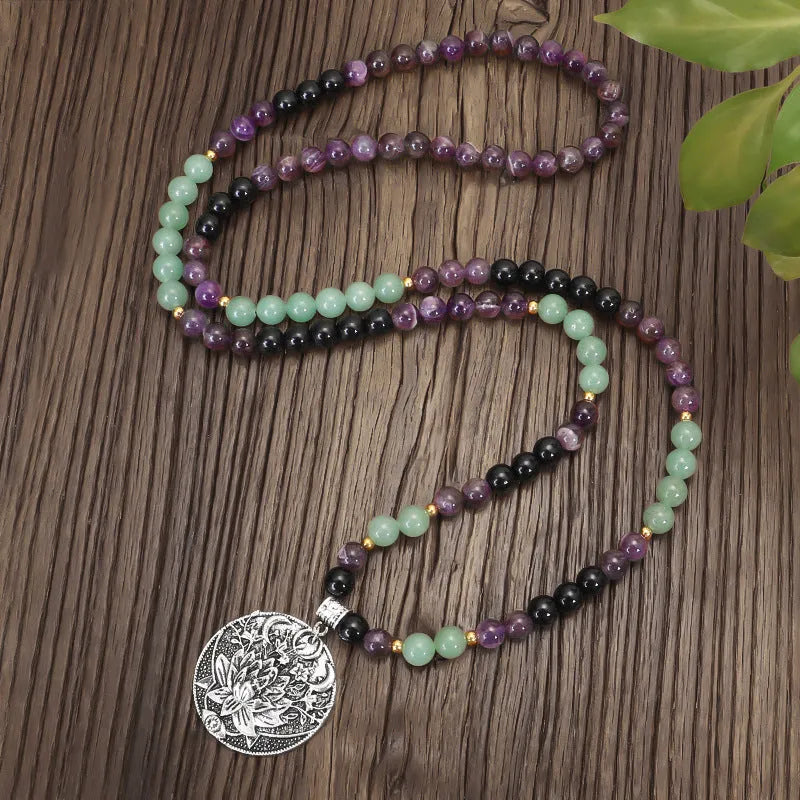 Geometric lotus pendant necklace and bracelet set with stone beads and adjustable chain