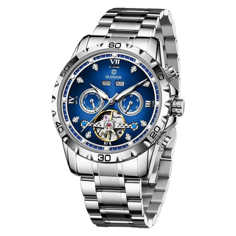 Men's automatic mechanical watch with stainless steel band and mineral glass crystal in silver case blue surface