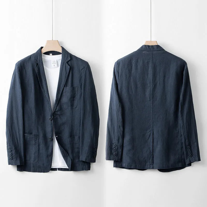 Men's loose fit linen casual blazer jacket on a hanger, shown in a solid colour.