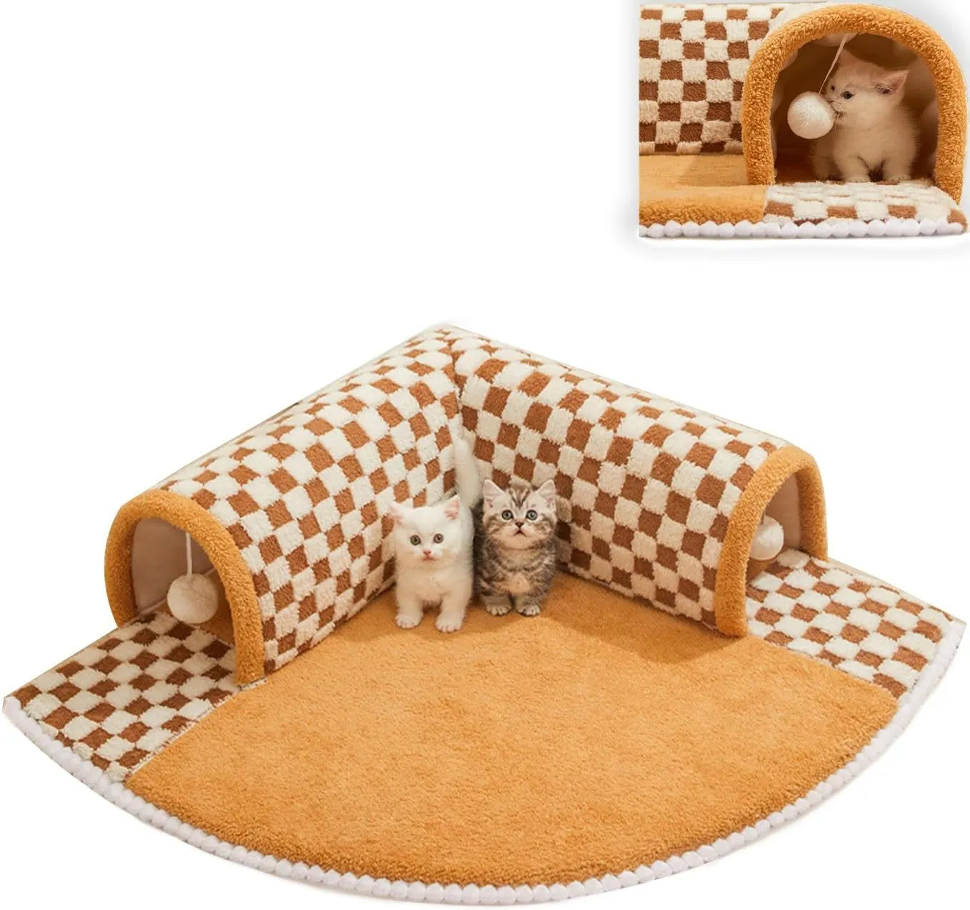 Brown plaid collapsible cat tunnel bed with a central mat on a wooden floor.