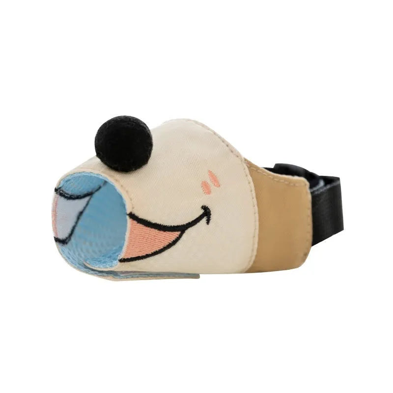 Canvas dog muzzle anti-bite product showing Ollie Brown Bear and Bondi Blue Shark colour options