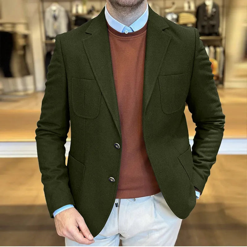 Men's casual cotton suit jacket in a loose fit retro style, shown in Army Green colour.