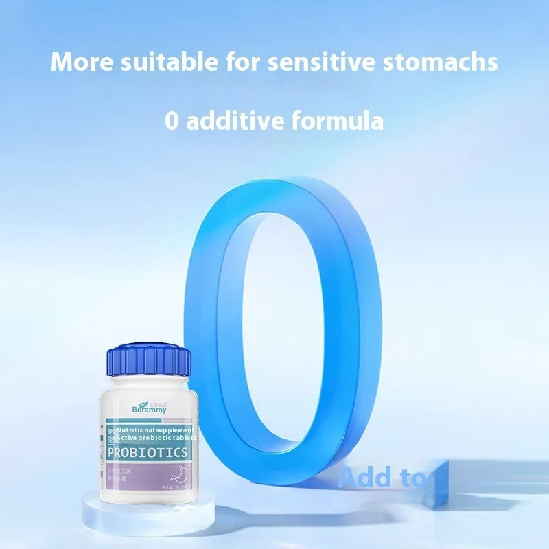 Bottle of 180 pet probiotic chewable tablets for cats and dogs.