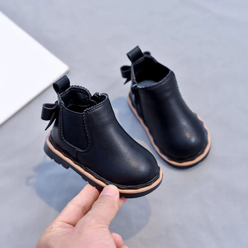 Girls Bowknot Smoke Tube Martin Boots in black with side zipper and bowknot detail