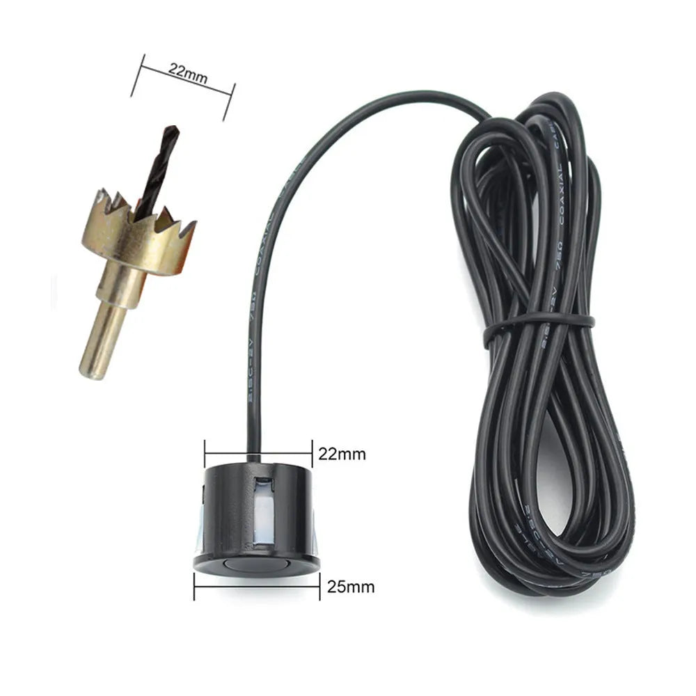 Wireless car reversing sensor kit with main unit, four probes, LED display, and installation tools.