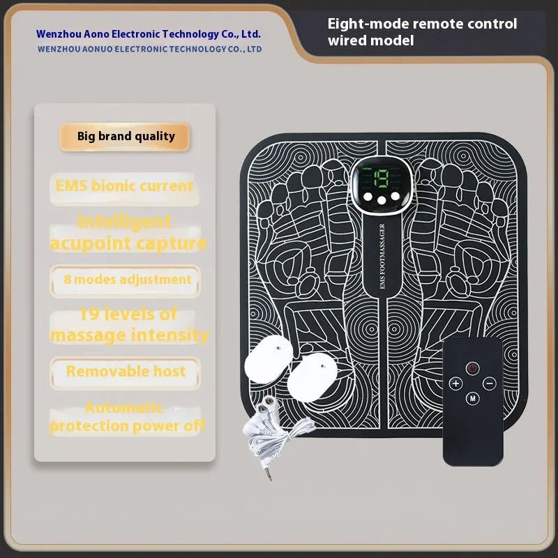 Blue rechargeable foot reflexology massager mat with remote control on a wooden floor.
