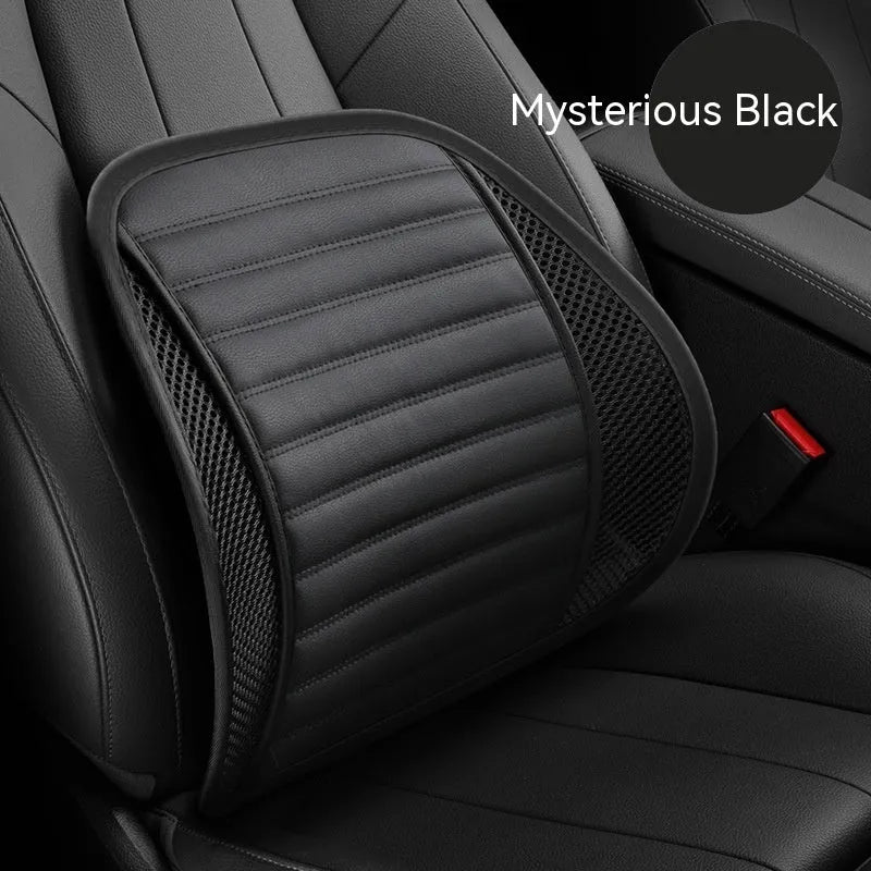 Leather lumbar support cushion on a car seat, shown in sapphire blue colour.