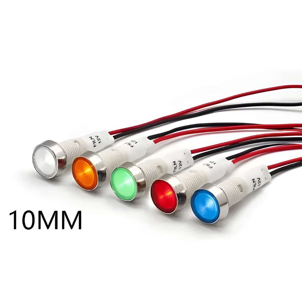 10mm stainless steel edge plastic indicator light with wire flat end connector in multiple colours.