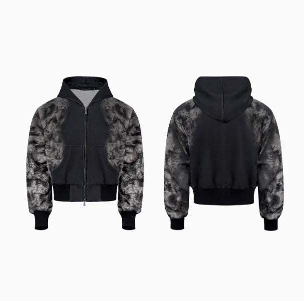 Street trendy printed loose pants and hoodie three-piece set showing collage stitching details