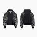 Street trendy printed loose pants and hoodie three-piece set showing collage stitching details
