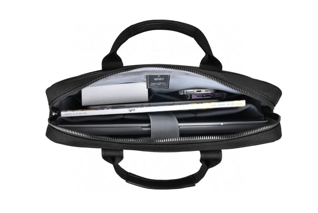Black waterproof Oxford cloth laptop bag showing multi-pocket organisation and lock feature