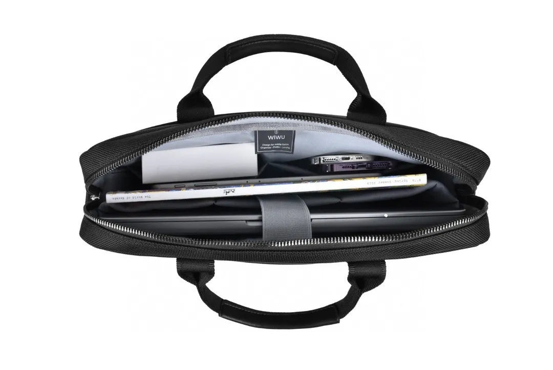 Black waterproof Oxford cloth laptop bag showing multi-pocket organisation and lock feature