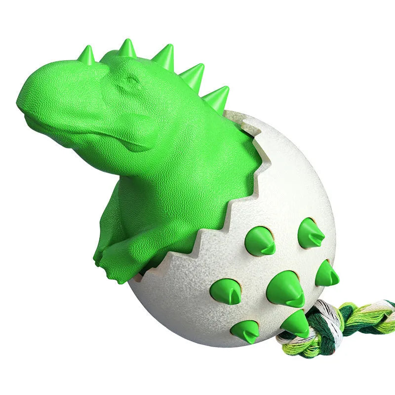 Dinosaur-shaped natural rubber dog chew toy with rope attachment in blue, green, orange or yellow