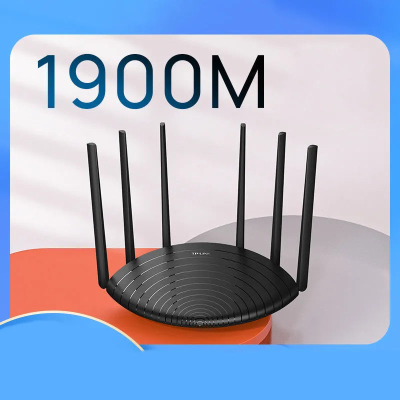 AC1900 wireless gigabit router with status display showing 254mm length on desk