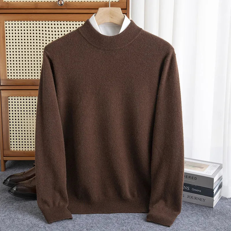 Men's half-collar wool sweater in a loose fit, shown in a choice of colours including black, brown, camel, and grey.