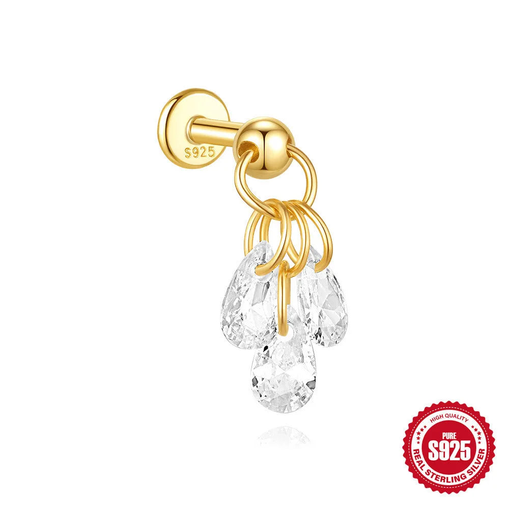 S925 sterling silver geometric moon and star earrings with cubic zirconia stones in a gold tone finish.