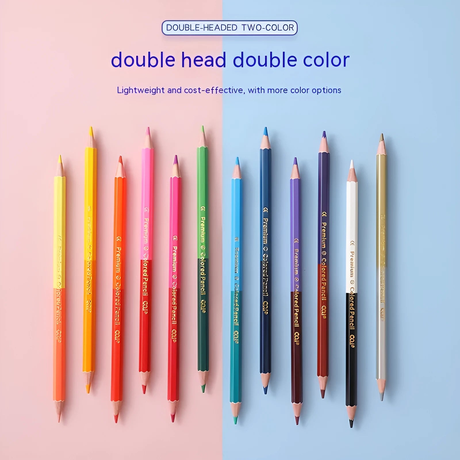 Wooden colour pencil set with double-headed design showing two colours on each pencil