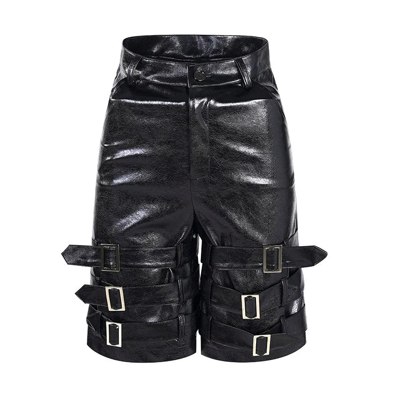 Men's black PU leather ring casual cropped shorts made from polycarbaminate fibre spandex.