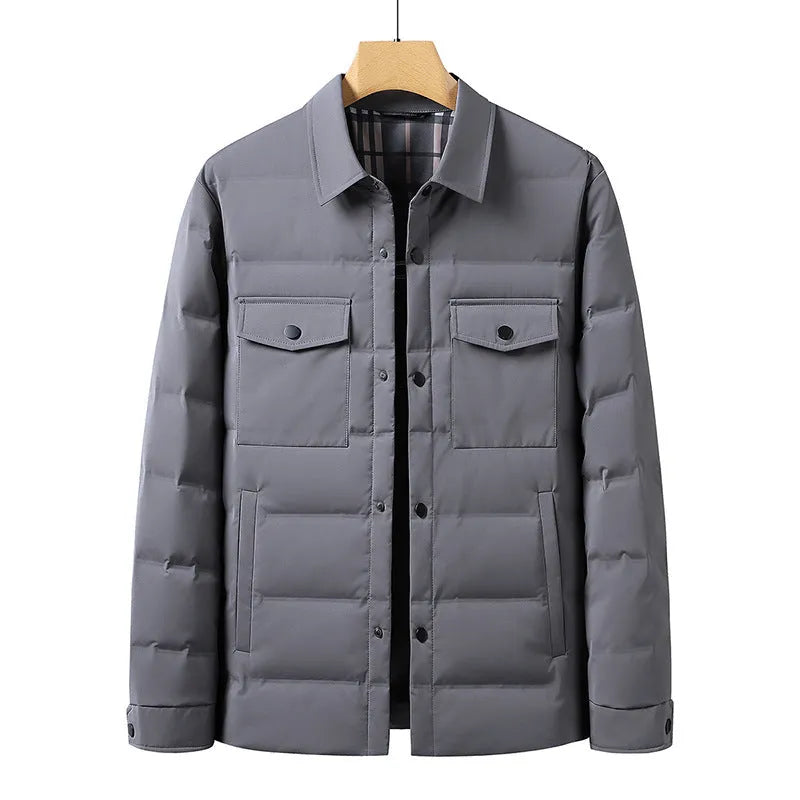 White duck down simple polo collar jacket in black with thickening build, polyester shell, sizes M to 4XL