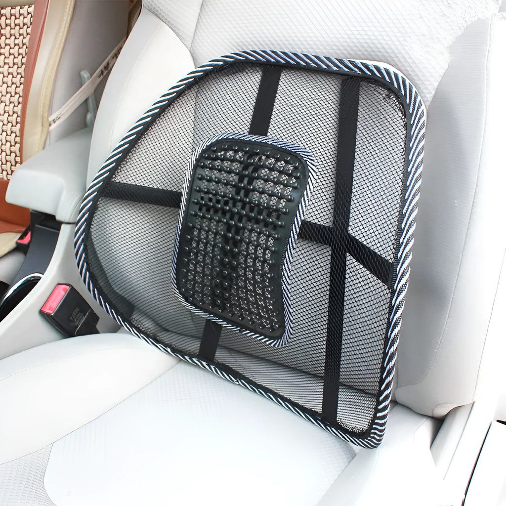 Black car lumbar support pillow with polypropylene fibre surface measuring 41x39cm