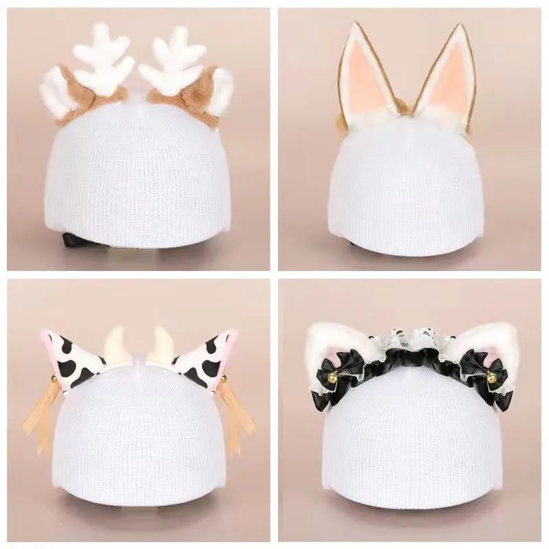 Cute plush cartoon animal character hat designed to decorate a standard ski helmet.