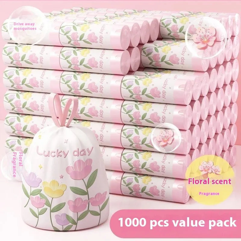 Pink degradable rubbish bags with drawstring closure and argy wormwood mosquito repellent properties