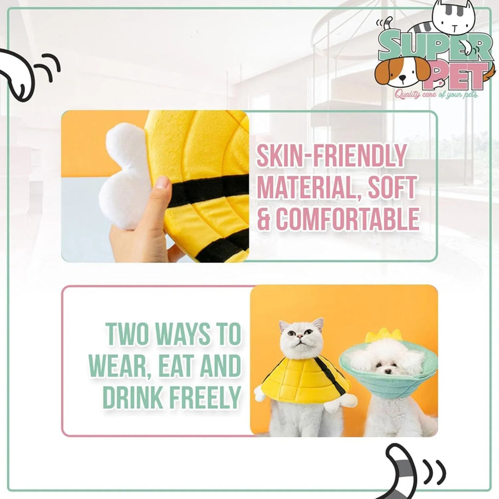 Soft white cat cone collar with black bee design and yellow wings, showing Velcro closure strap.