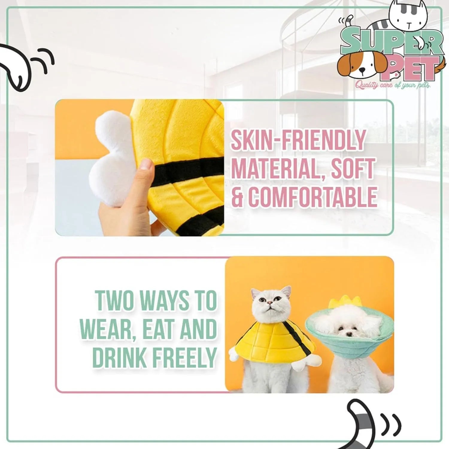 Soft white cat cone collar with black bee design and yellow wings, showing Velcro closure strap.