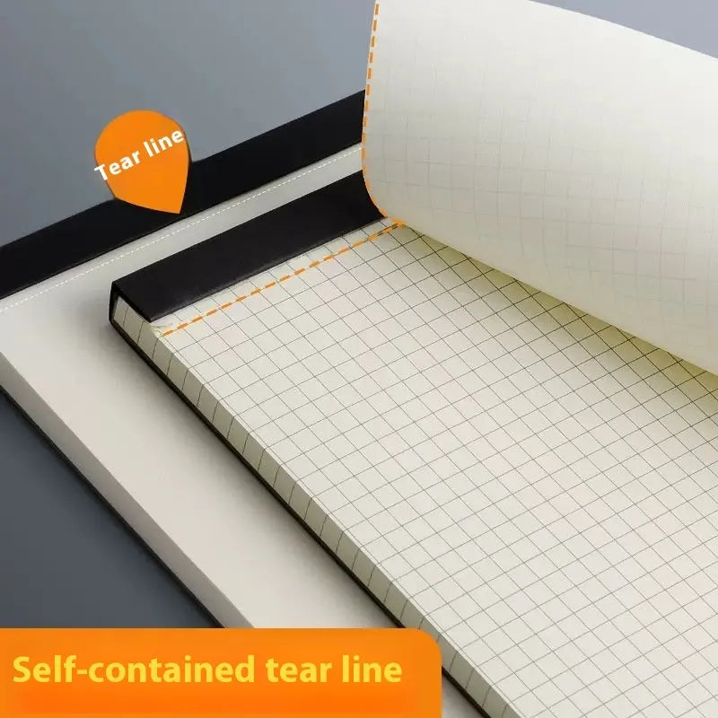 Set of A5, B5 and A4 writing pads with blank, grid and lined paper options showing tearable pages
