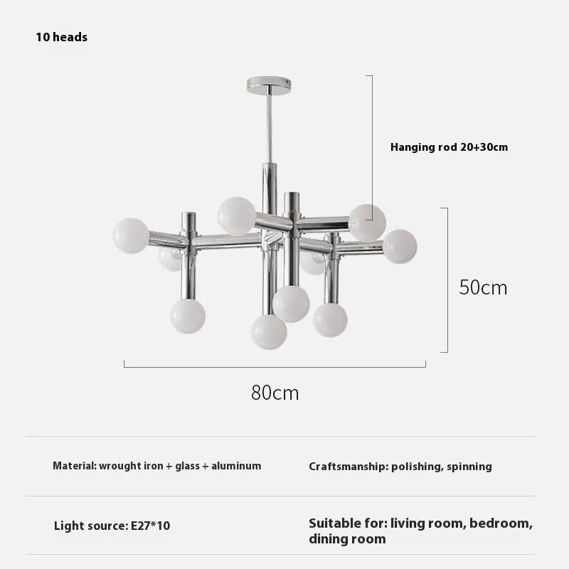 Creative bean-shaped Nordic chandelier with 10 chrome-plated heads, wrought iron and glass construction