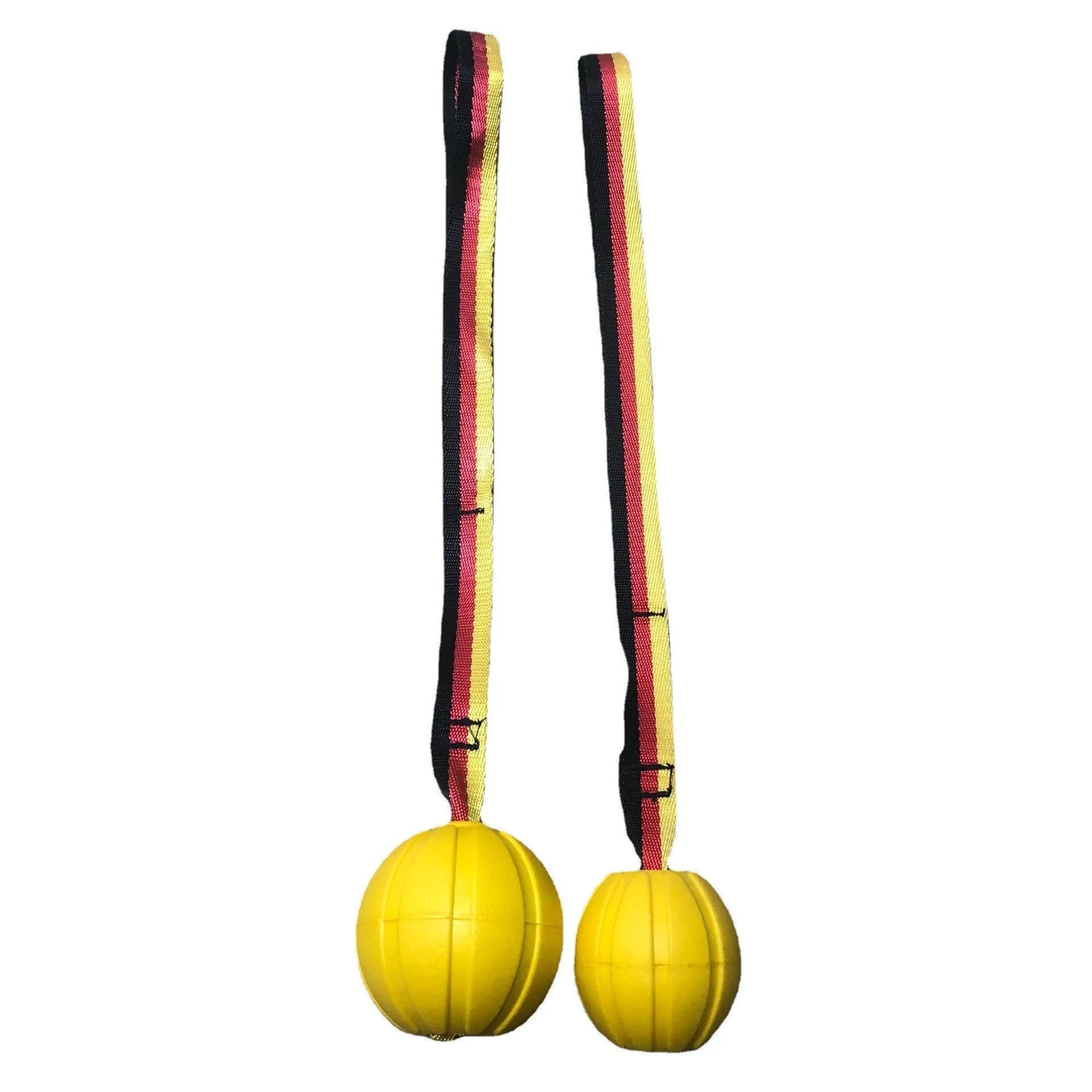 Camouflage and yellow EVA foam floating dog training balls in three different sizes on a blue background.